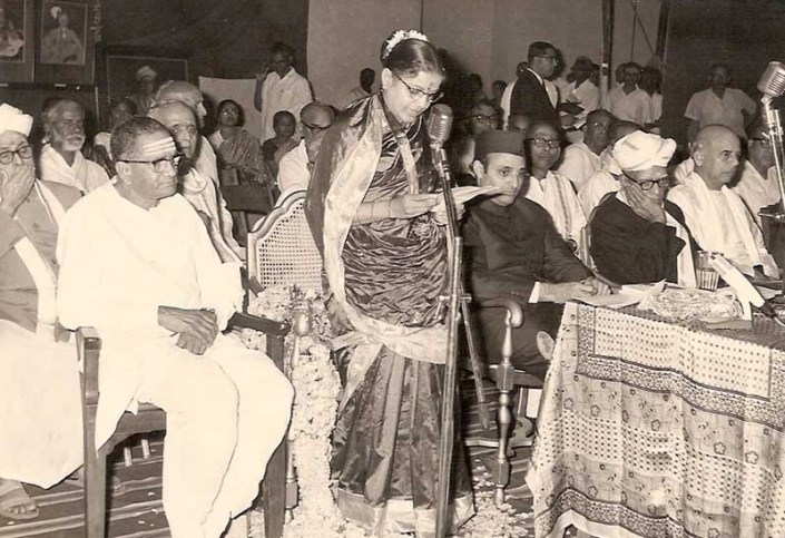 Sangita Kalanidhi acceptance speech in 1968 at the Music Academy. Seated Sadasivam, Karan Singh